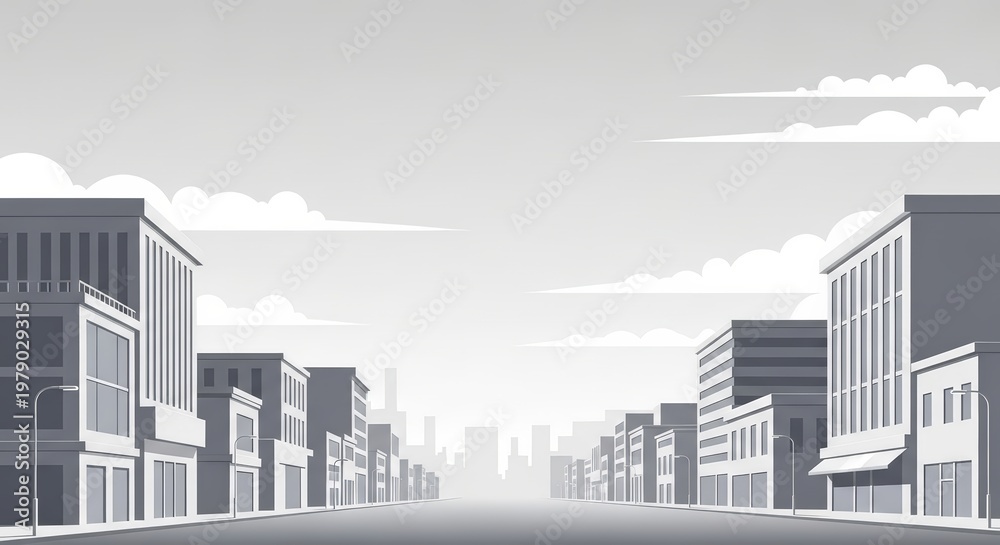 Obraz premium Vector Illustration of a Grey City Street with Buildings and Cloudy Sky in Flat Design Style