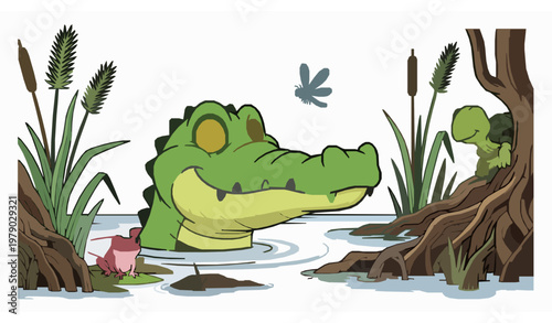 Friendly cartoon crocodile vector illustration swamp scene