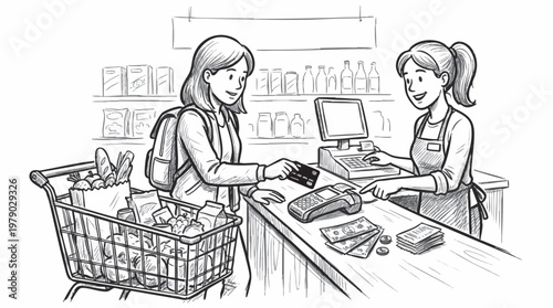 Hand drawn pencil sketch of a woman paying with a credit card at a grocery store checkout