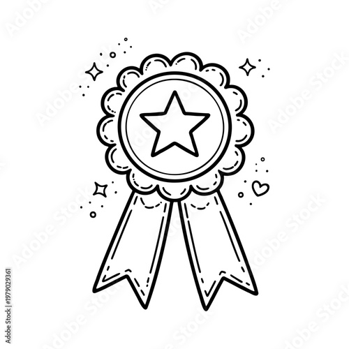 Award Medal Ribbon With Star Icon In Cute Doodle Style Black White