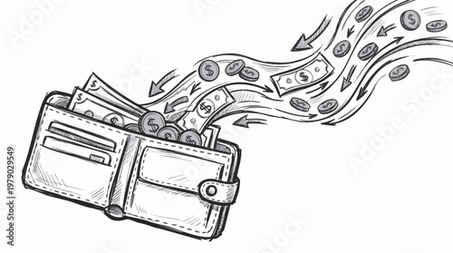Hand drawn pencil sketch illustration of money flowing out of a wallet, symbolizing financial loss