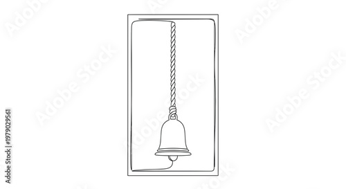 Minimalist continuous line drawing of a bell hanging from a rope inside a frame