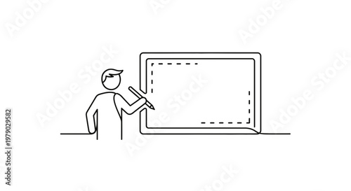 Minimalist drawing of a person with a stylus interacting with a digital screen or whiteboard.