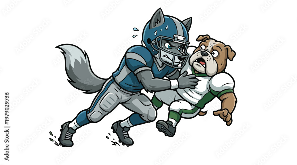 Fototapeta premium Wolf American Football Mascot Tackling a Bulldog Player Action Cartoon Illustration for Sports Teams