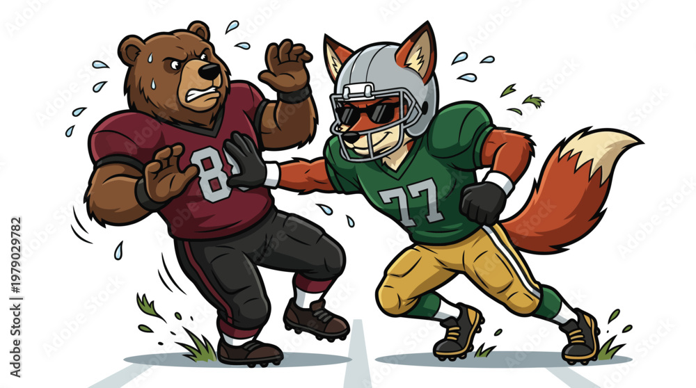 Obraz premium Cartoon Fox and Bear Athletes Competing in Intense American Football Match Action Illustration