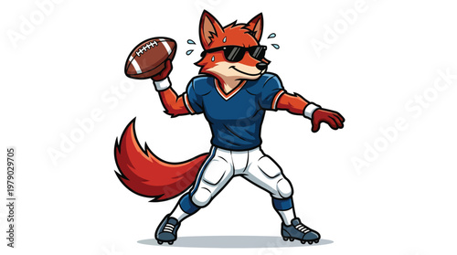Cool Cartoon Fox American Football Player Quarterback Mascot Throwing Ball in Athletic Pose