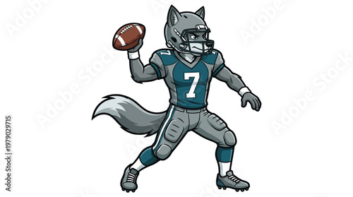 Fierce Wolf American Football Player Mascot Illustration Throwing a Ball on White Background