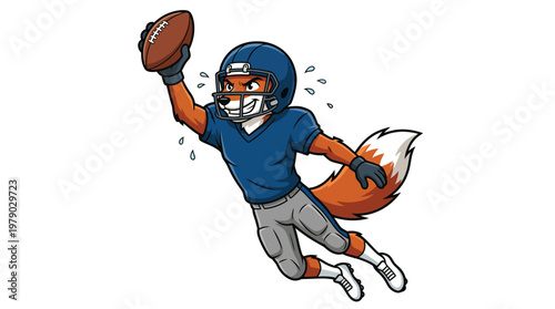 Fox American Football Player Mascot Diving to Catch the Ball Cartoon Illustration Isolated on White Background
