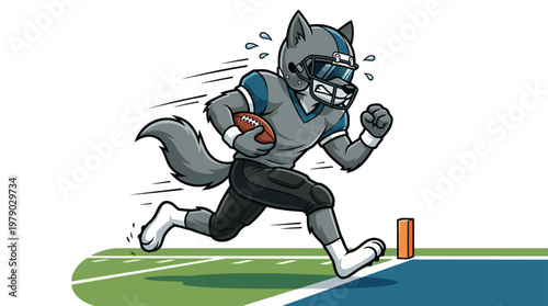Determined Wolf Football Player Sprinting Towards End Zone Holding a Ball Illustration Cartoon Mascot