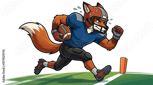 Athletic Fox Mascot in Football Uniform Sprinting Toward the Touchdown Line Illustration