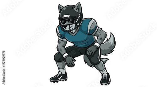 Competitive Wolf American Football Player Mascot Crouching in Uniform and Helmet