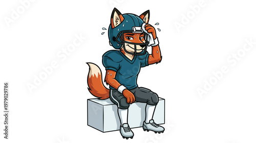 Tired Cartoon Fox American Football Player Mascot Sitting and Wiping Sweat After a Match Illustration