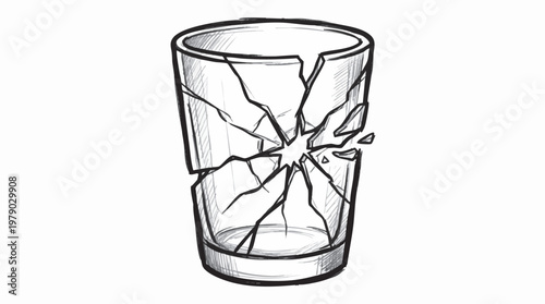 Hand drawn pencil sketch of a broken glass with cracks and sharp edges, illustrative representation of fragility