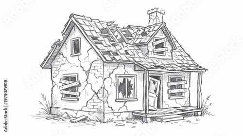 Old and Dilapidated House Drawing, A Hand-Drawn Pencil Sketch of an Abandoned Cottage