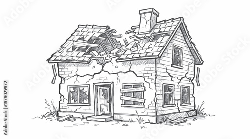 A hand drawn pencil sketch of a dilapidated and abandoned house with a broken roof and boarded windows