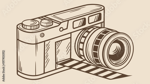 A vintage old photo camera sketch illustration featuring a retro film lens and digital technology elements in a vector art drawing