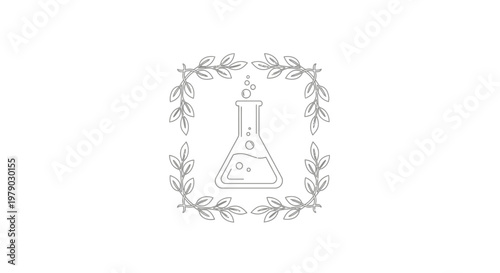 Laboratory flask with bubbles, surrounded by a laurel wreath, symbolizing science and achievement.