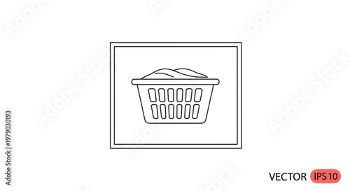 Laundry basket icon with clothes, simple line art vector illustration