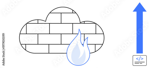 Cloud security, protecting data, secure networks, data transfer, cybersecurity infrastructure, firewalls. Cloud formed by bricks with a flame icon and blue upward arrow. Cloud security and protecting