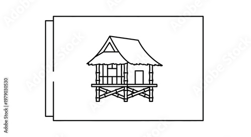 Hand-drawn sketch of a stilt house with a thatched roof on a white background