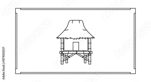 Hand-drawn sketch of a traditional stilt house with thatched roof and bamboo structure