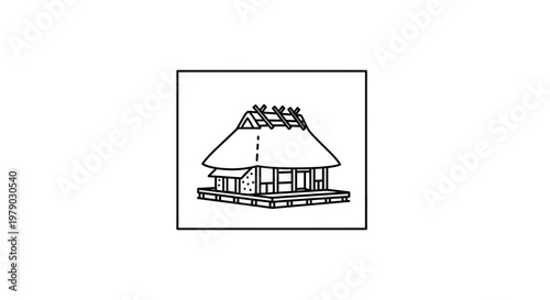 Hand-drawn Sketch of a Traditional Japanese House with Thatched Roof on Stilts
