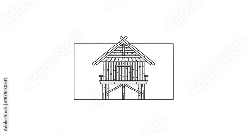 Hand-drawn sketch of a traditional stilt house with a thatched roof, isolated on white background.