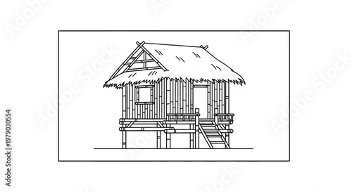 Hand-drawn sketch of a traditional stilt hut with thatched roof and bamboo walls