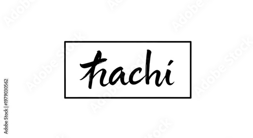 Handwritten "hachi" word in a black rectangle frame, calligraphy logo