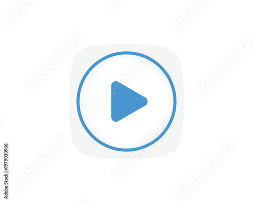 Blue play button icon on white rounded square base for mobile application and user interface design