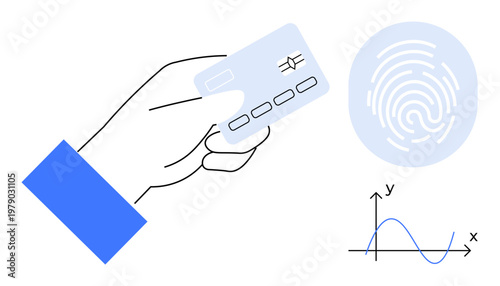 Online transactions, biometric security, identity authentication, digital payments, secure access, data analysis. Hand holding card, fingerprint icon and graph elements. Digital payments