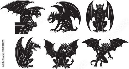 Gothic gargoyle statue collection set featuring mythical winged creatures and stone demons in black silhouette style cad drawing flat vector illustration for architectural projects.