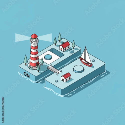 Isometric illustration of a lighthouse on an island with a light switch.