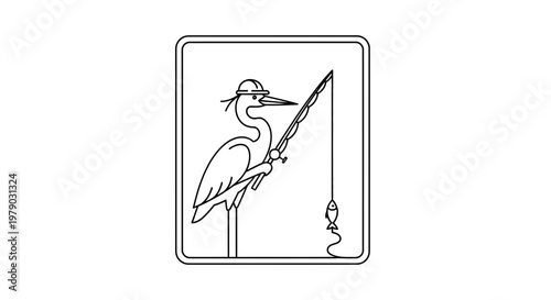 Funny cartoon heron fisherman wearing hat, catching a fish with fishing rod, line art illustration
