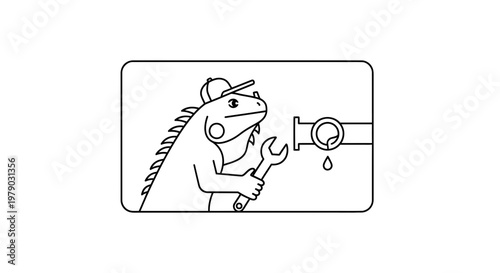 Funny Iguana Plumber Fixing Leaky Pipe with Wrench, Cartoon Style