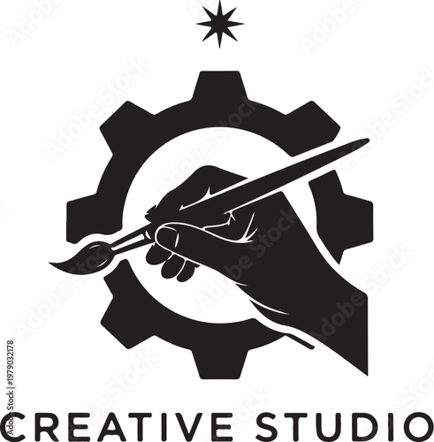 Creative studio logo, hand holding paintbrush, gear icon, black and white design, artistic symbol