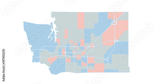 Abstract Map of Washington State with Electoral District Coloring.