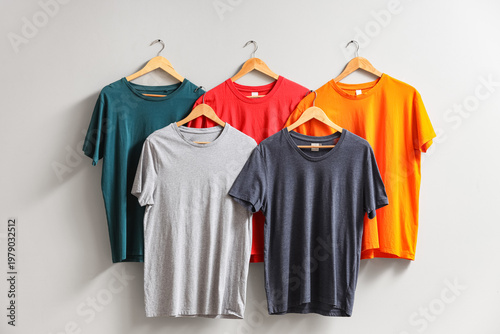 Colorful t-shirts hanging o...