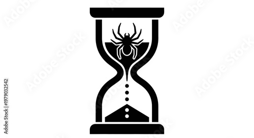 Black and white hourglass icon featuring a spider silhouette inside.