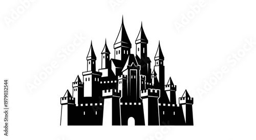 Black and white silhouette of a majestic fairy tale medieval castle.