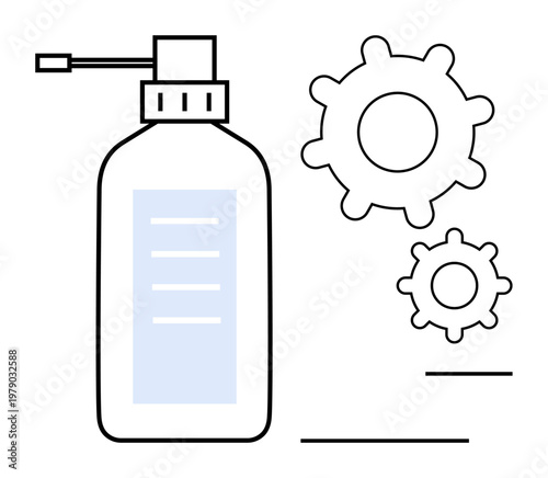 Hygiene, cleaning process, technology alignment, mechanical safety, purity, technical equipment. A sanitizer bottle next to gear icons. Hygiene and cleaning process concept