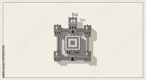 Top view of a fortified medieval castle with towers and battlements.