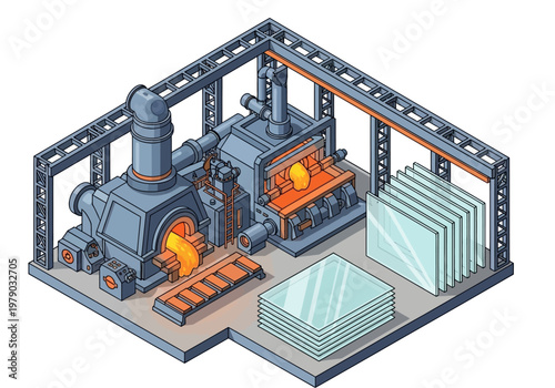 Industrial glass manufacturing process, showing furnace, molten material, and finished glass panes in a factory setting