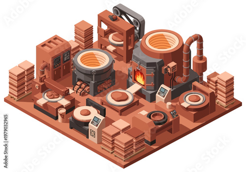 Industrial Foundry And Metalwork Production Facility Isometric Illustration