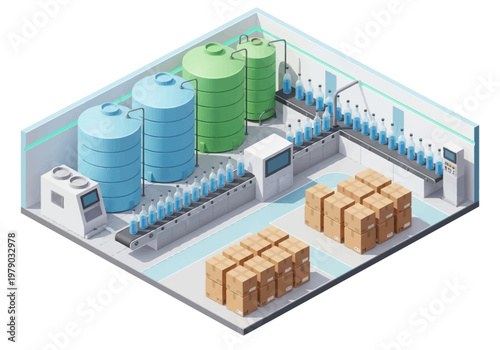 Automated production line in a modern factory with bottling, packaging, and storage facilities