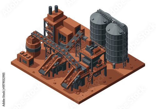 Industrial facility with conveyor belts and silos for bulk material processing