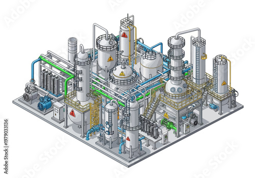 Industrial chemical plant with complex piping and distillation towers, illustration