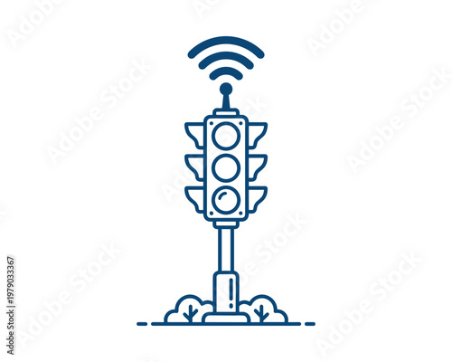 Smart traffic light with wifi signal for city management in line art on transparent background