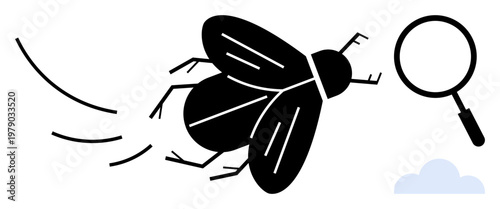 Insect inspection idea. Illustration showcases a flying insect with a magnifying glass, emphasizing insect inspection for biology studies and pest control. Relevant for science, education