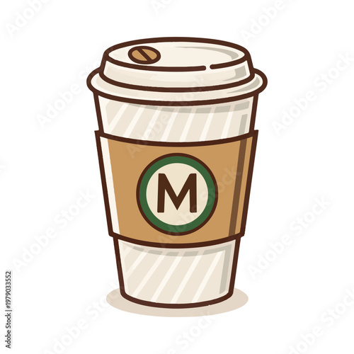 Cartoon coffee cup with brown sleeve and green logo drink beverage